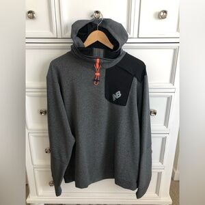 New Balance Gray Pullover Hoodie with Black Panel and Orange Drawcord